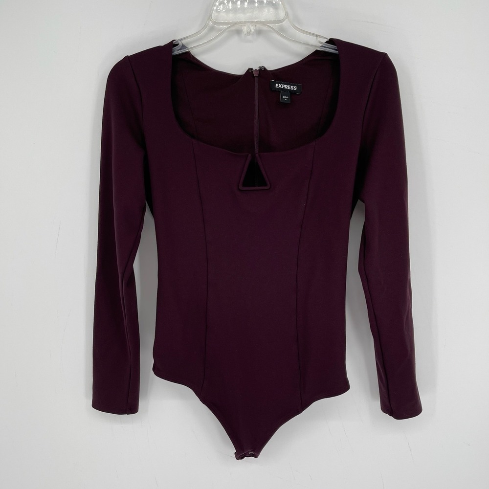Express Women's Burgundy Long Sleeve Cutout Square Neck Bodysuit Top Size M